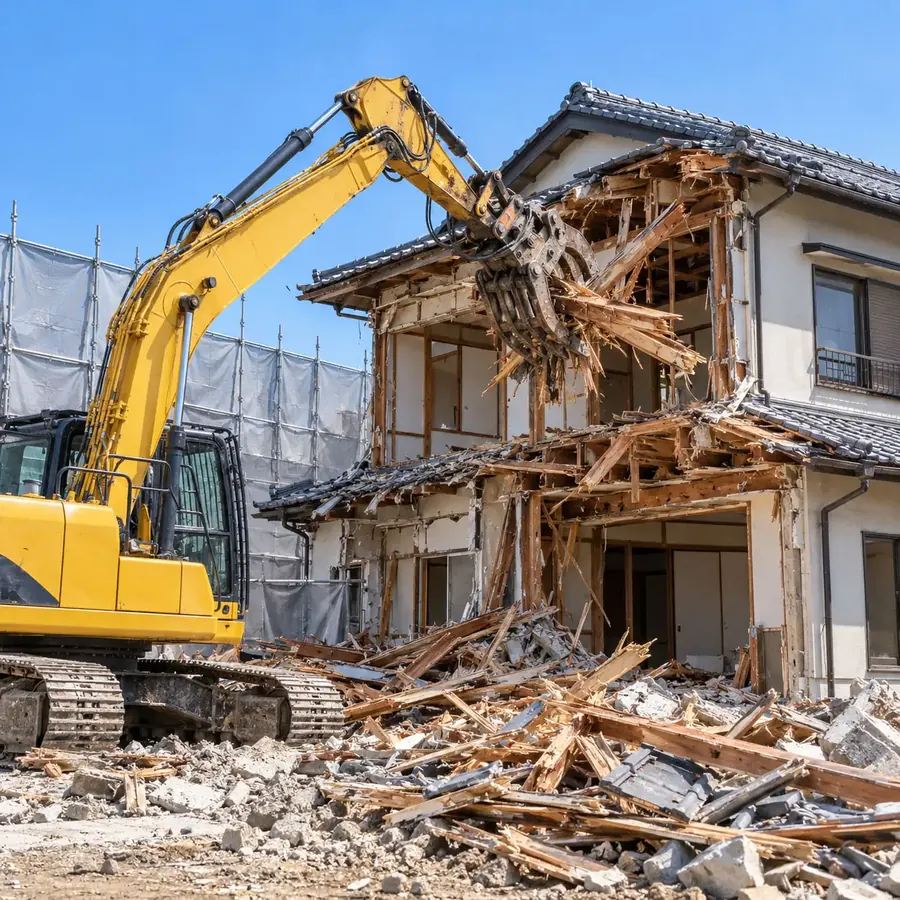 木造住宅を重機で解体している様子